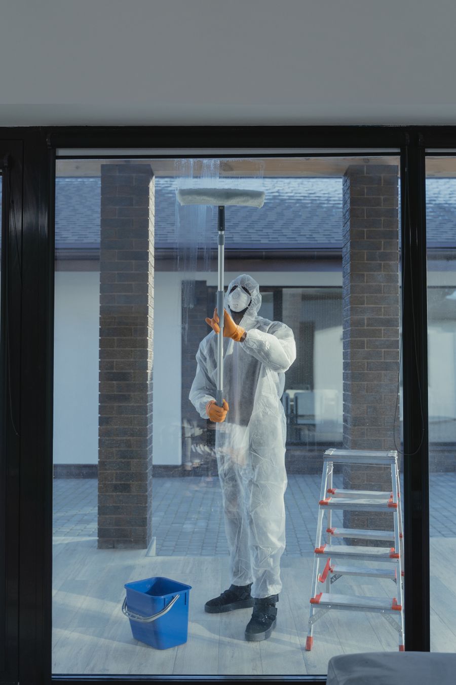 Reinigungskraft putzt eine Fensterfront mit einem Wischer